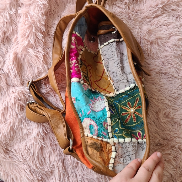 Boho quilt style faux leather adjustable backpack - Picture 7 of 8